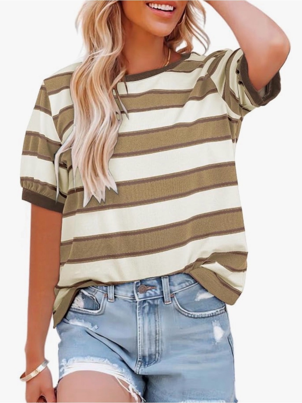 Striped Olive and Cream Short Sleeve Top